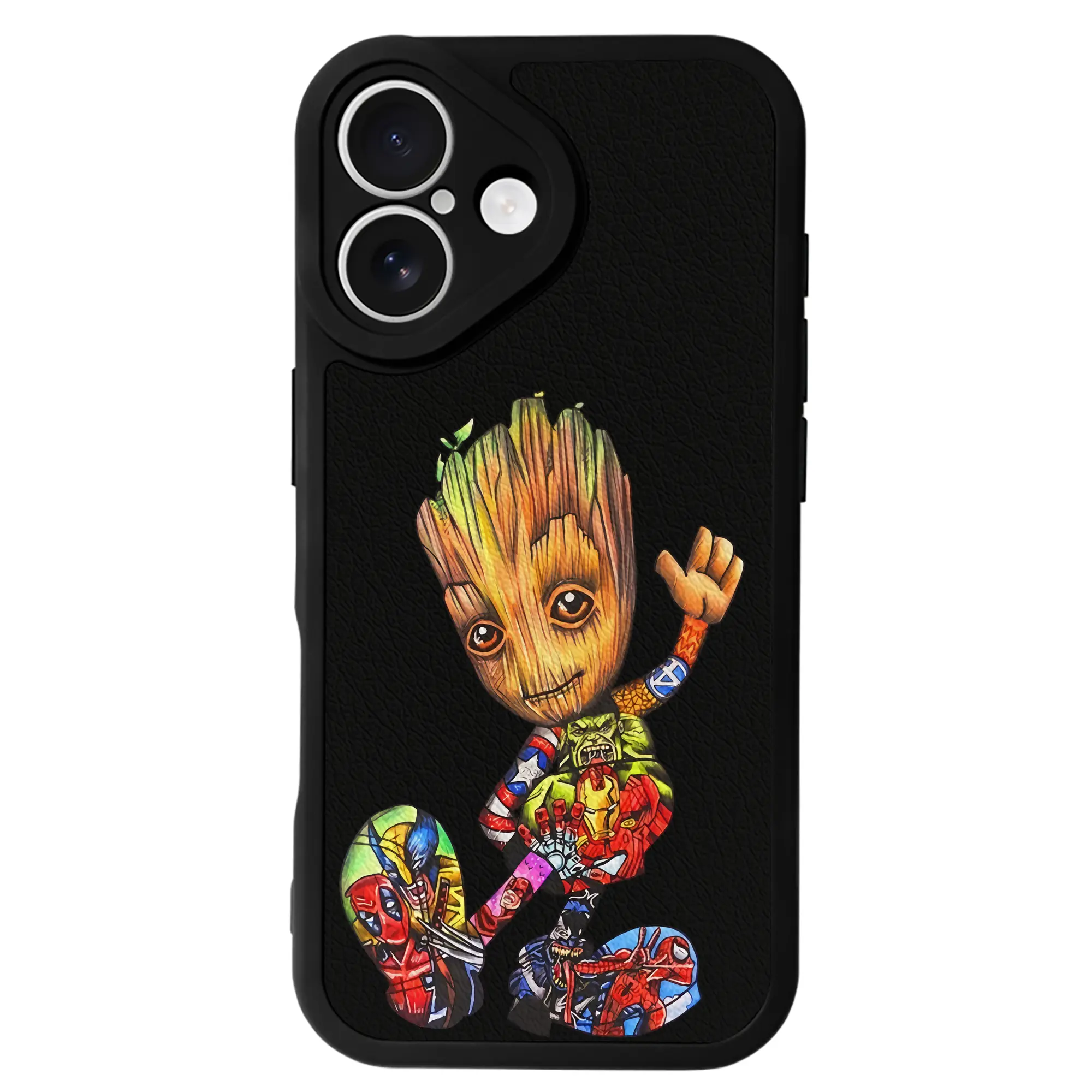 アベンジャーズ (Avenjāzu) グッズ グルート（Groot） - IPhone 16シリーズ対応 ・ シリコンスマホケース ・ レザー調 ・ 高精度フィット ・ 耐衝撃 ・ ワイヤレス充電対応 ・ 精密カット